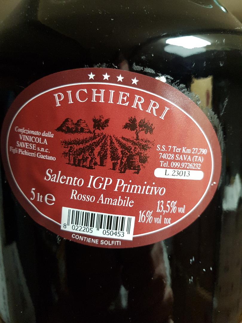 5 Liter Salento IGP Primitivo Rosso Amabile Rotwein - Savese Pichierri